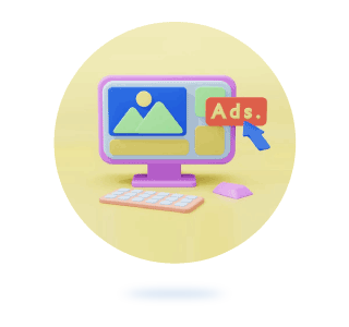 Computador escritorio en 3d con anuncio de puclicidad y mensaje Ads