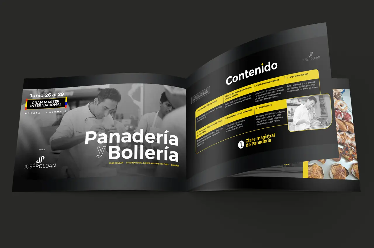 MockUp de Tarifario color negro. Páginas abiertas con información de curso de Panadería y Bollería de Jose Roldán