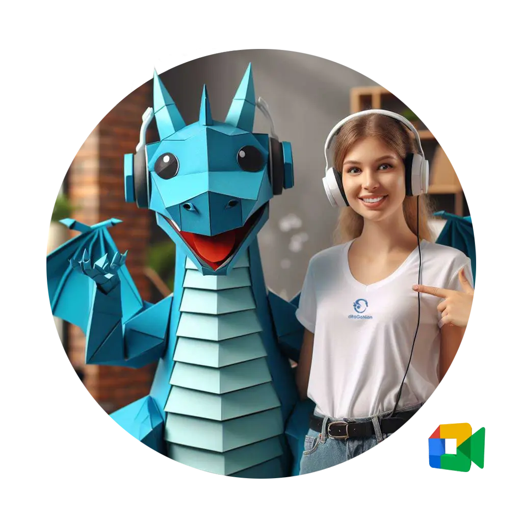 Dragón en origami azul en oficina con mujer