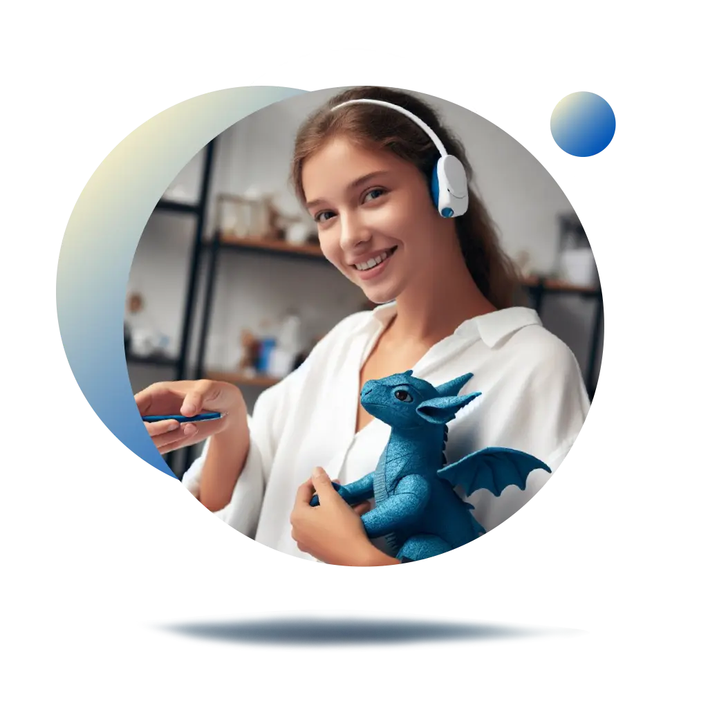 Joven mujer abrazando un pequeño dragón azul