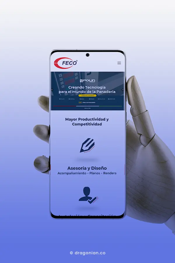 Computador portatil MacBook Pro abierto, enseñando una vitrina de marca ORION, para panadería y pastelería. Al lado del computador hay una tafa de cafe y un celular.