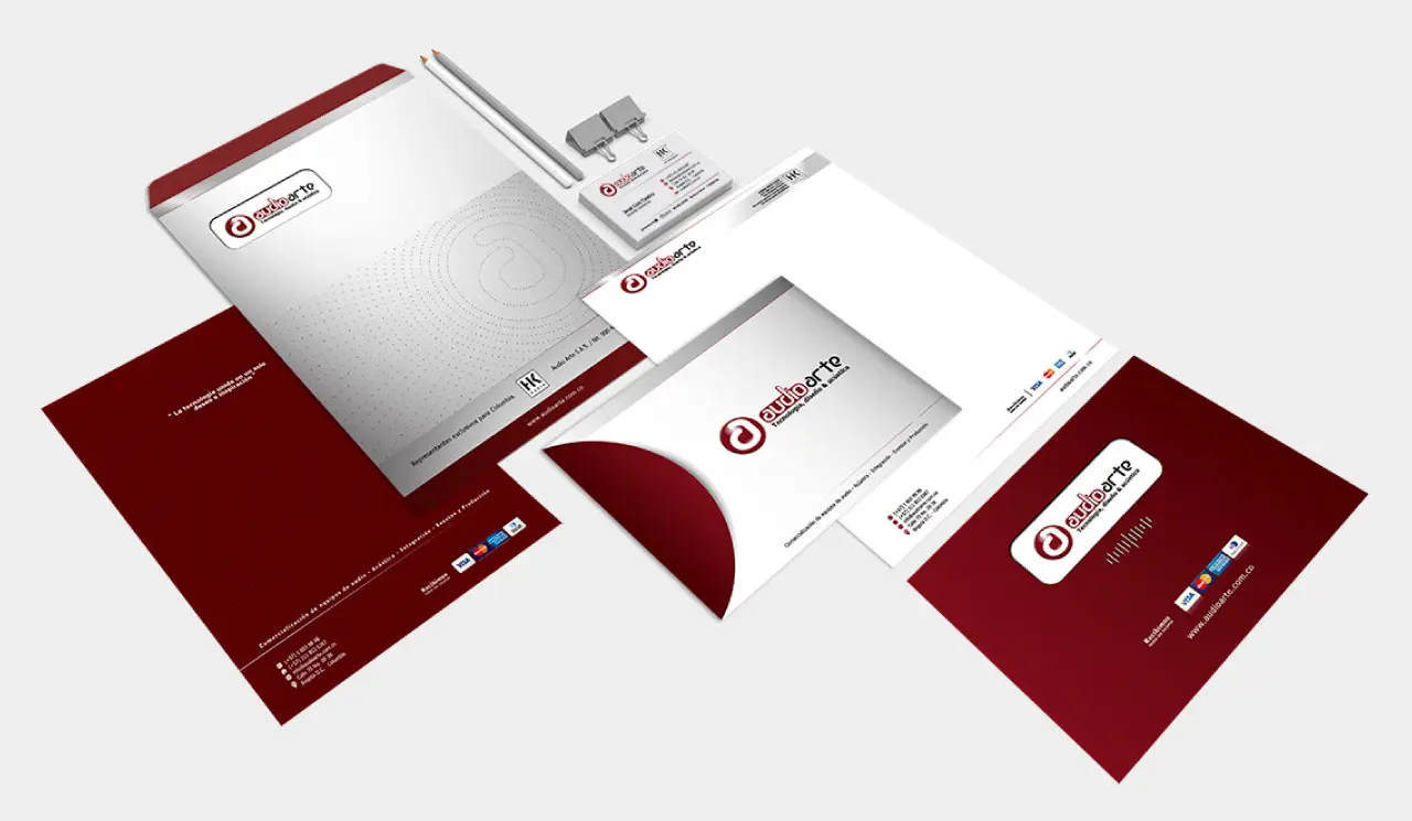 Papelería comercial, brochure, tarjetas y membrete de Audio Arte