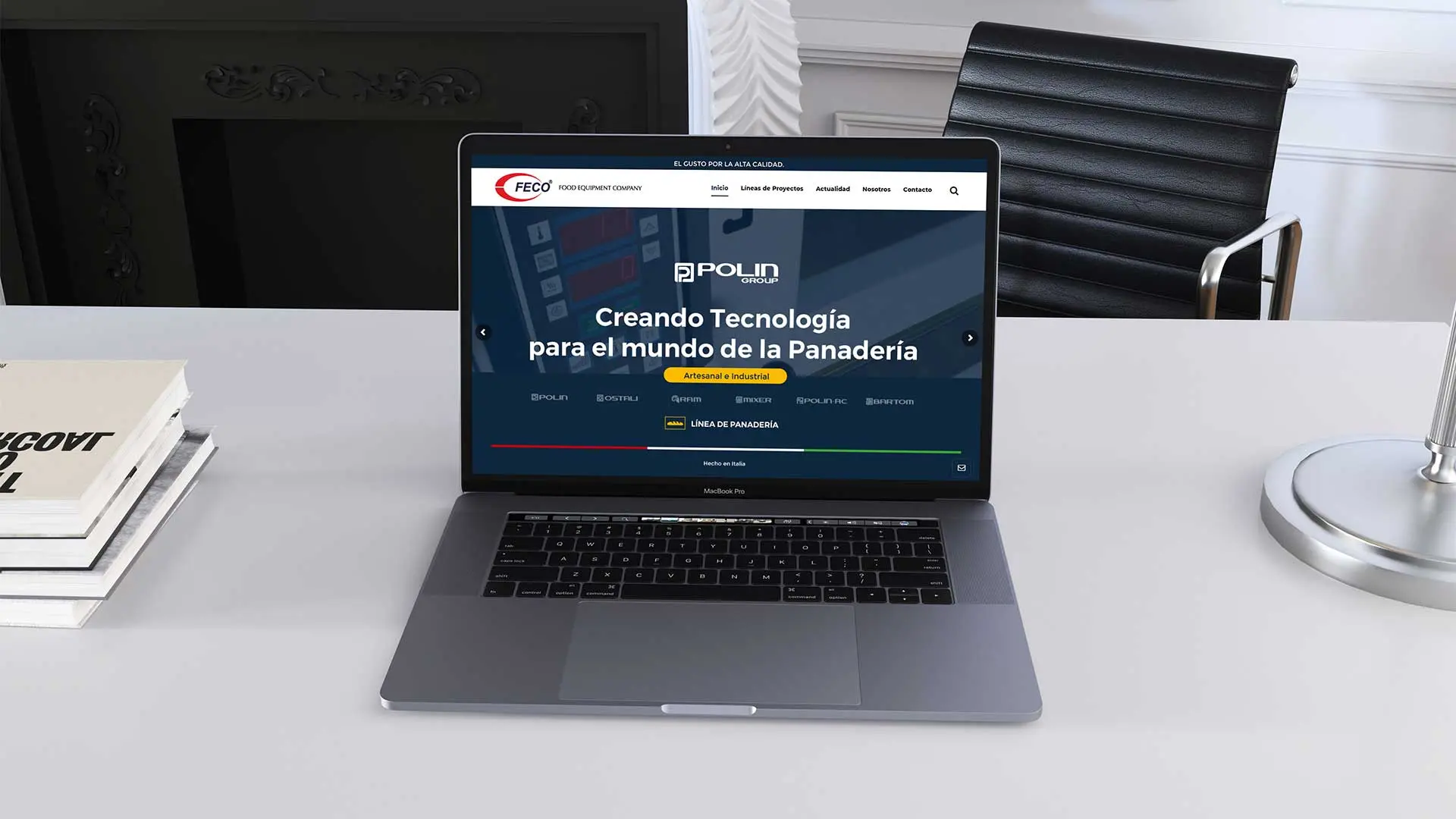 MockUp de portatil para sección web y venta de maquinaria Italiana Polin, para venta de hornos de panadería, importada para Colombia por FECO Y CIA S.A.S.