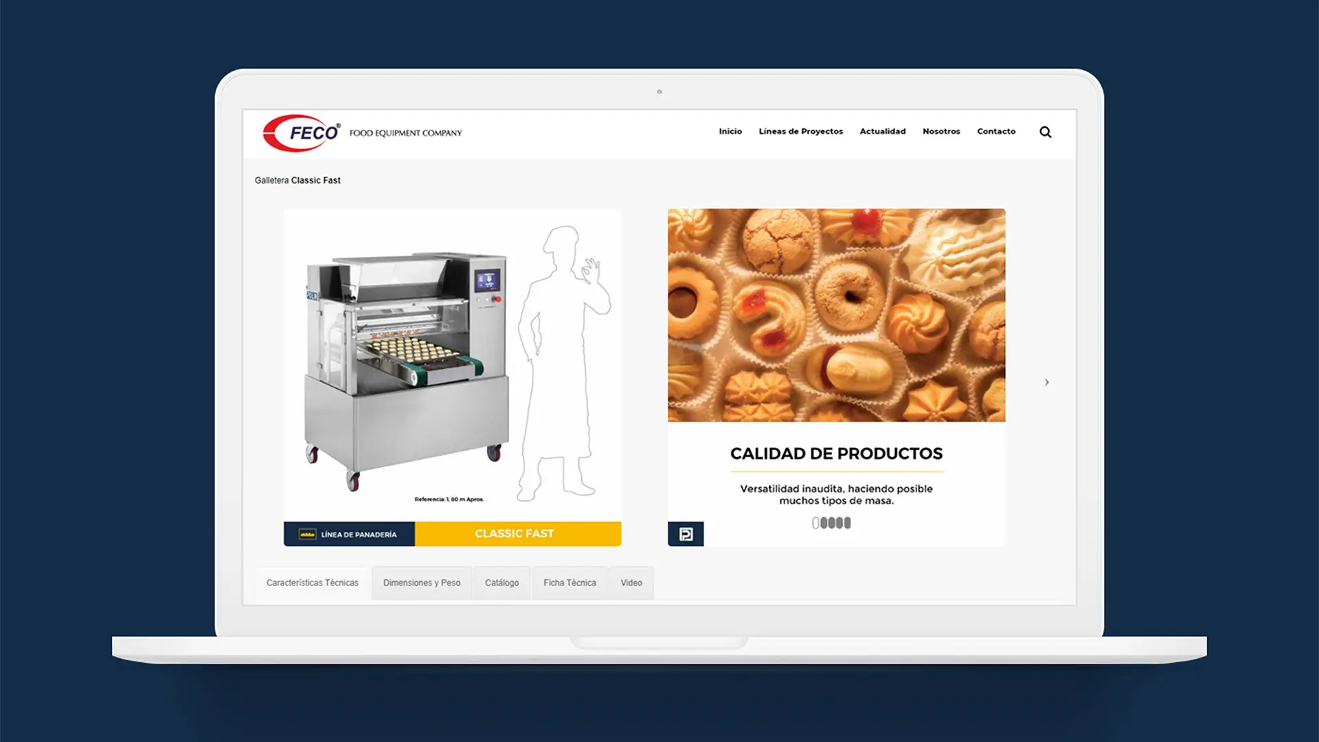 MockUp de Diseño Web en portatil, para página de venta de equipos industrial para fabricar galletas. Equipo Galletera Classic Fast de Polin